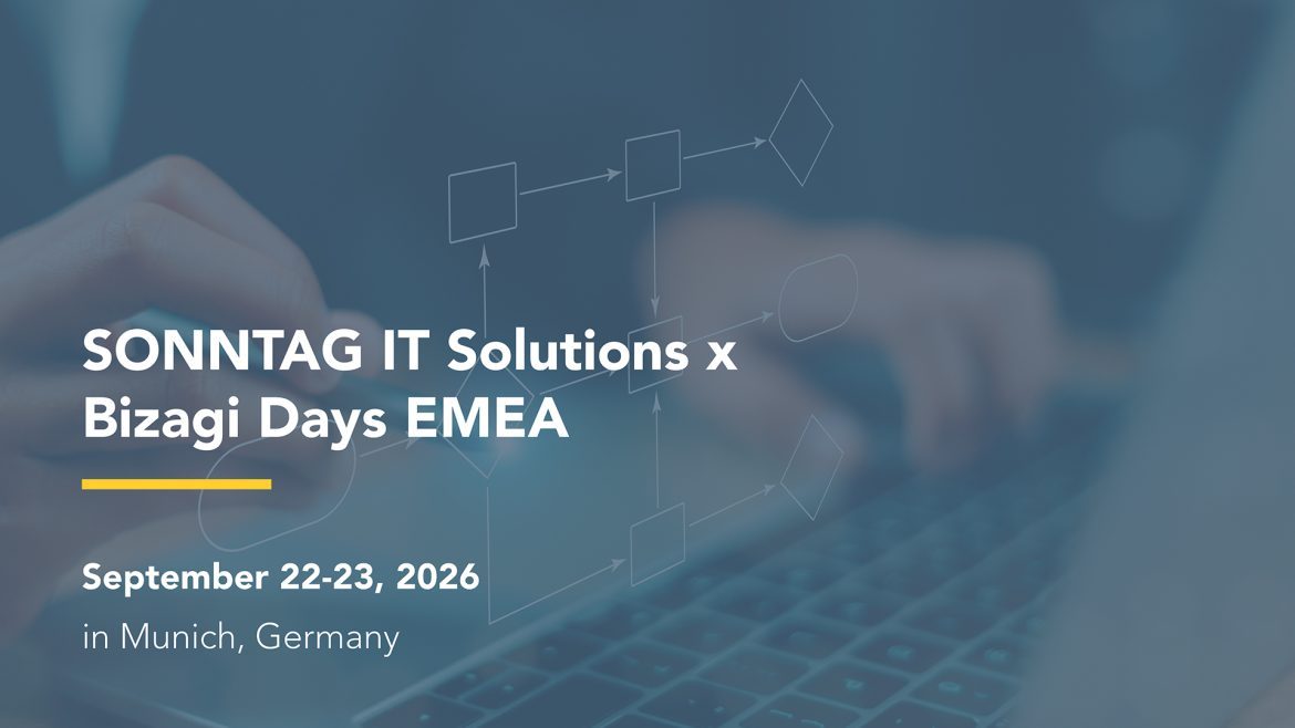 Event banner announcing SONNTAG IT Solutions x Bizagi Days EMEA, September 22–23, 2026, in Munich, Germany.
