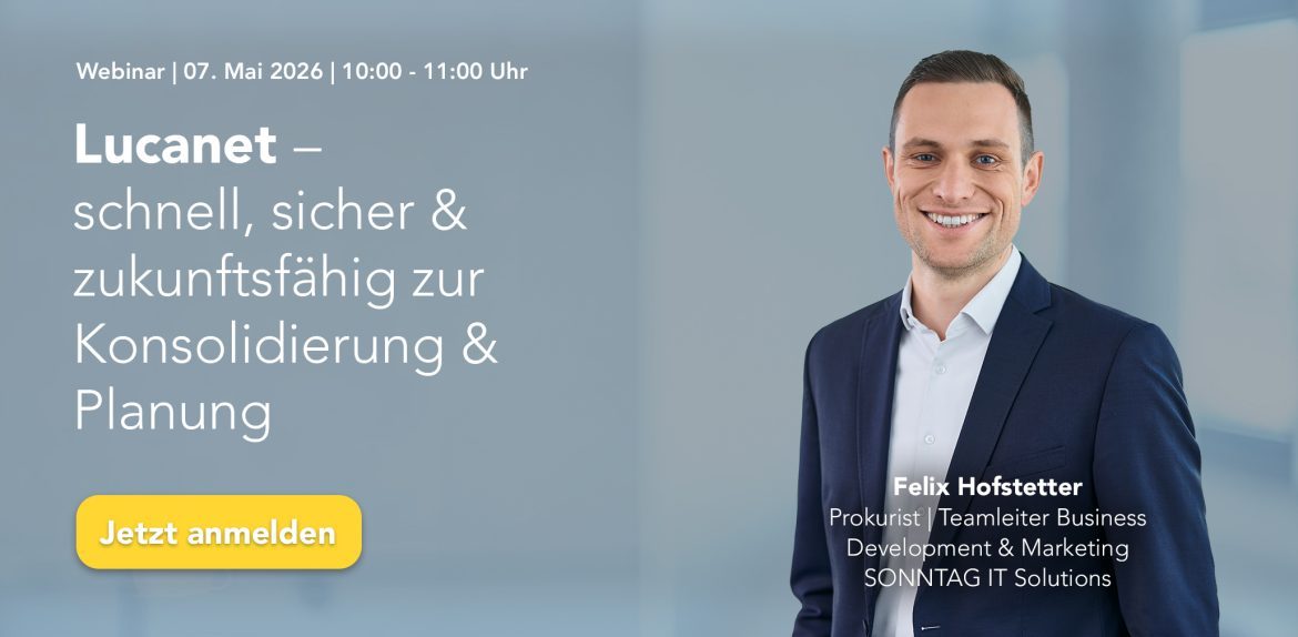 Webinar banner für Lucanet: 07. Mai 2026, 10:00–11:00 Uhr, mit freundlichem Mann im Anzug und gelbem 'Jetzt anmelden' Button.