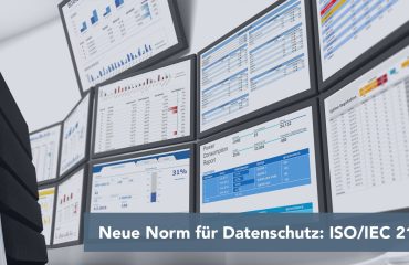Banner with multiple monitor dashboards announcing: 'Neue Norm für Datenschutz: ISO/IEC 21964' (data protection standard)