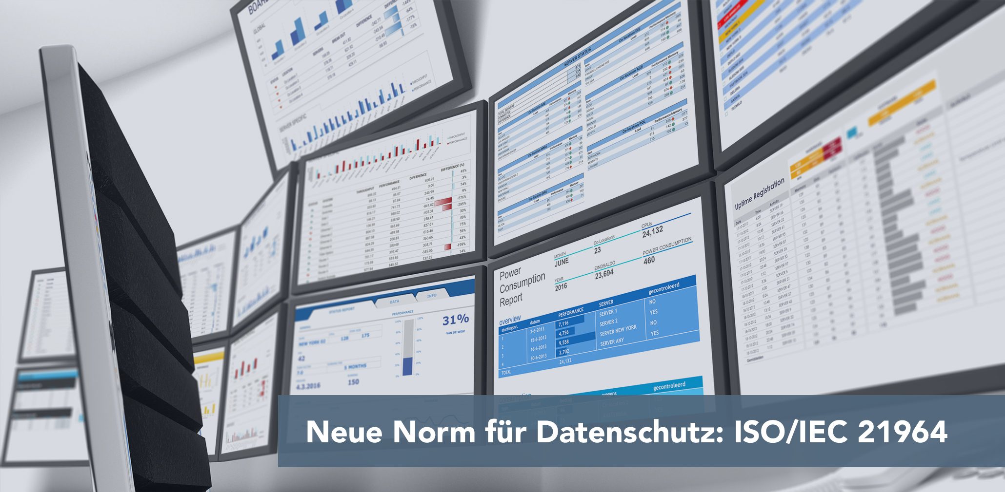 Banner with multiple monitor dashboards announcing: 'Neue Norm für Datenschutz: ISO/IEC 21964' (data protection standard)