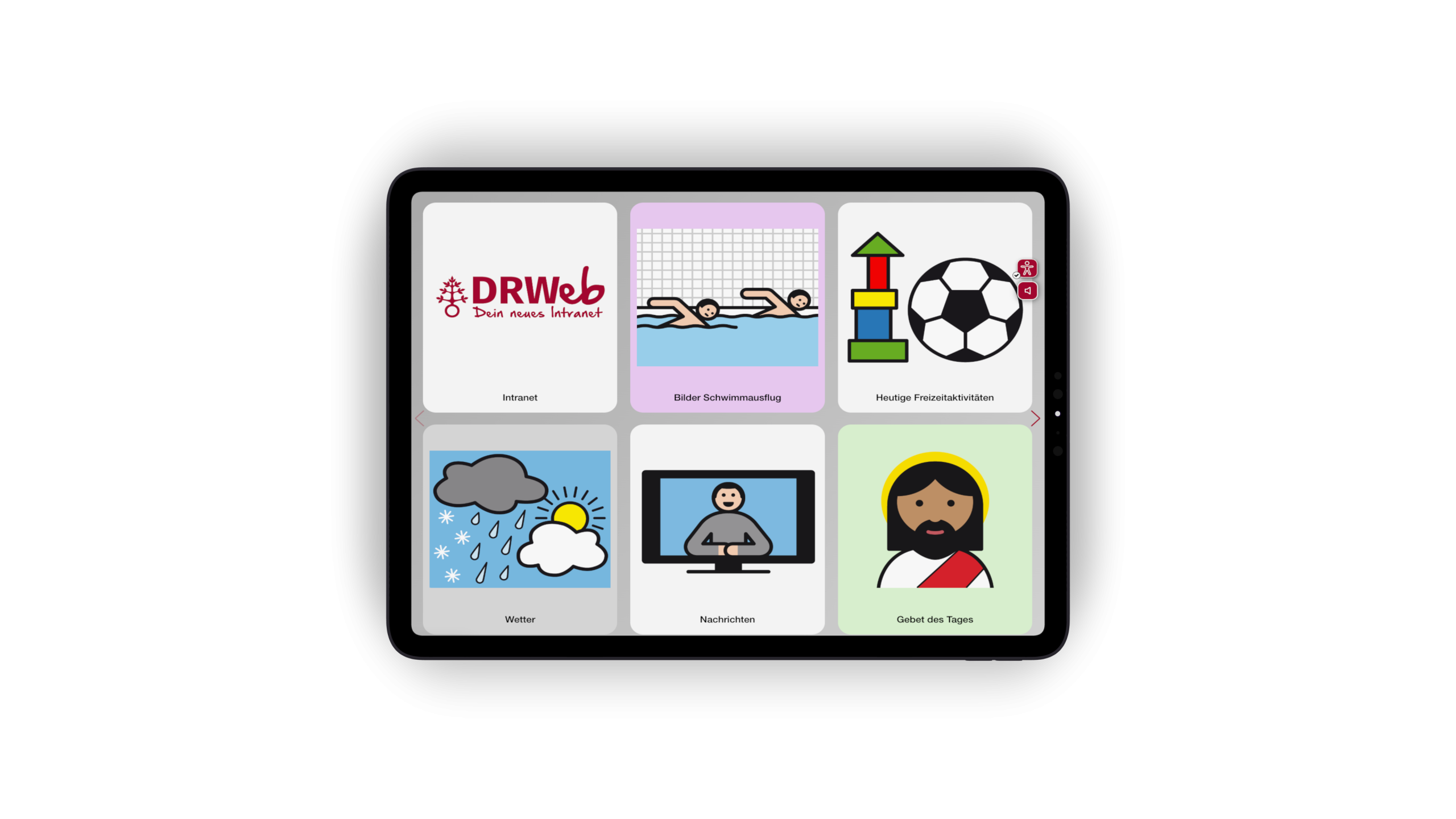 Tablet displaying a grid of rounded app tiles with German labels: Intranet, Bilder SchwimmAusflug, Heutige Freizeitaktivitäten, Wetter, Nachrichten, Gebet des Tages (educational portal).