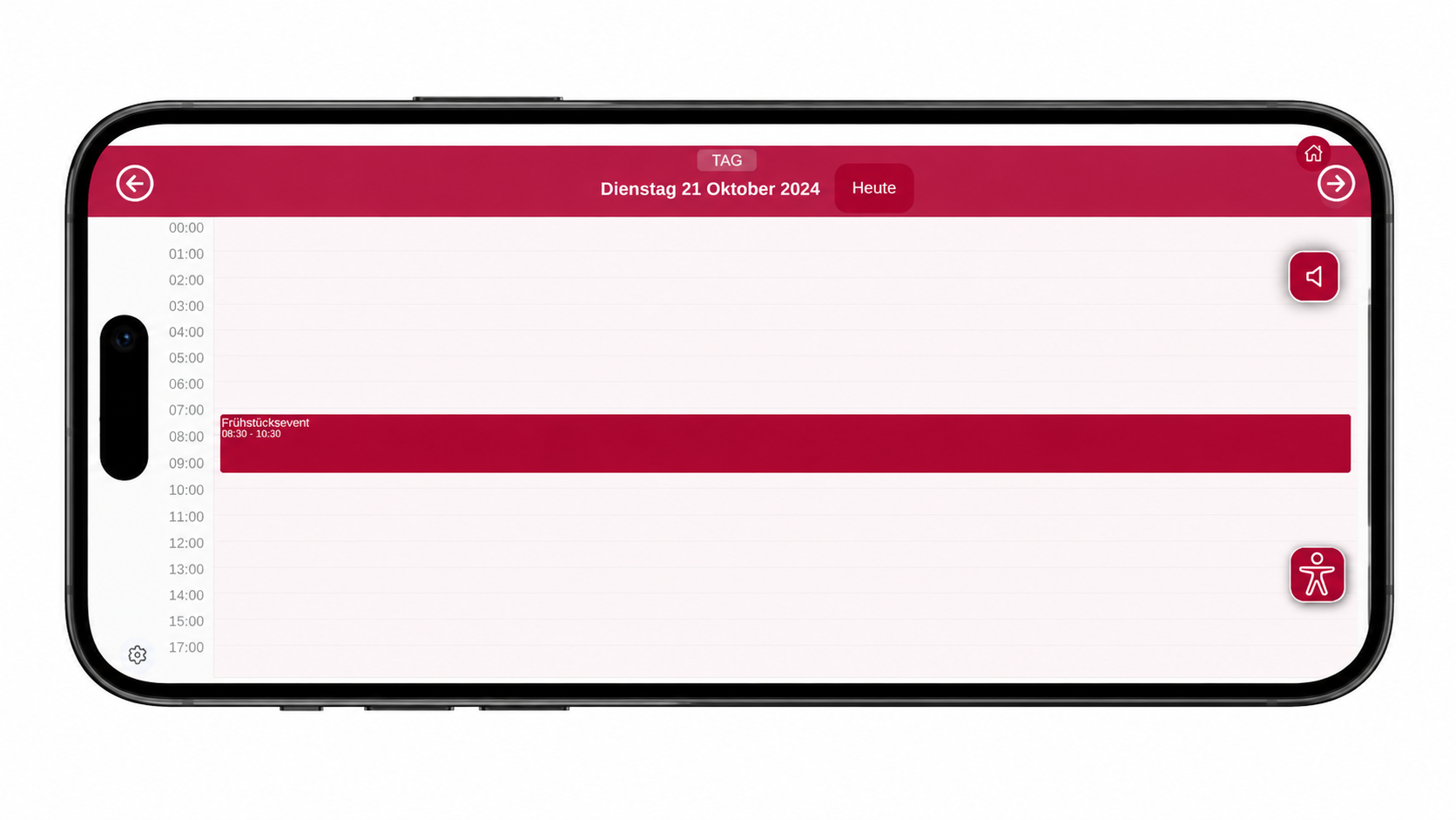 Mobile schedule screen with a red event bar titled Frühstücksevent (08:30–10:30) on a pink header app.