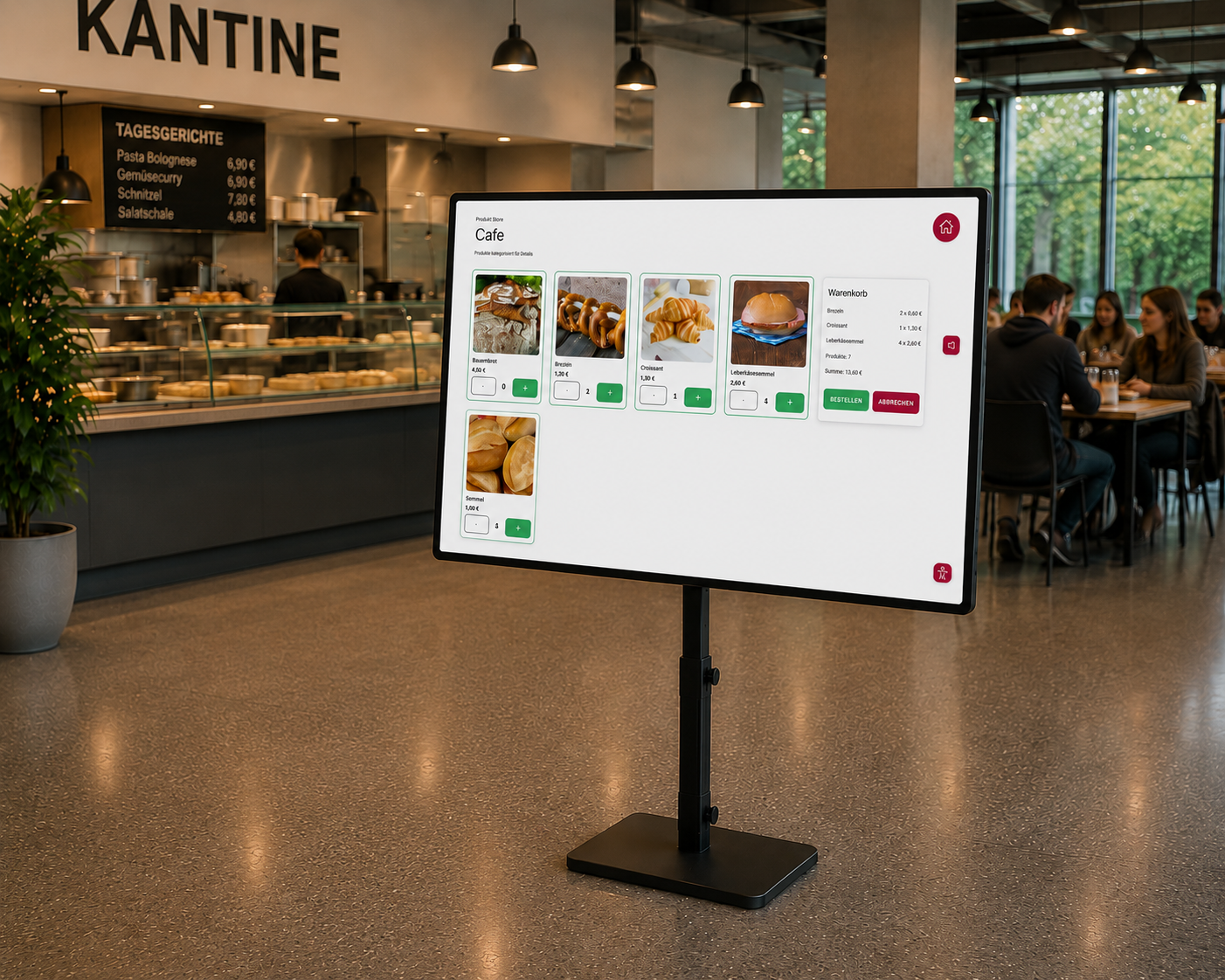 Interactive self-service ordering kiosk with a large touchscreen displaying cafe menu in a modern dining area.