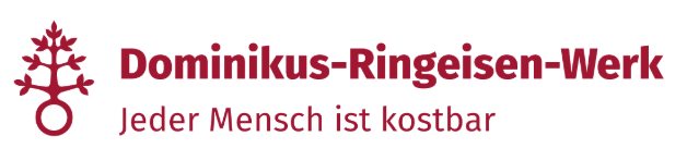 Dominikus-Ringeisen-Werk logo featuring a stylized red plant icon and the slogan 'Jeder Mensch ist kostbar'.
