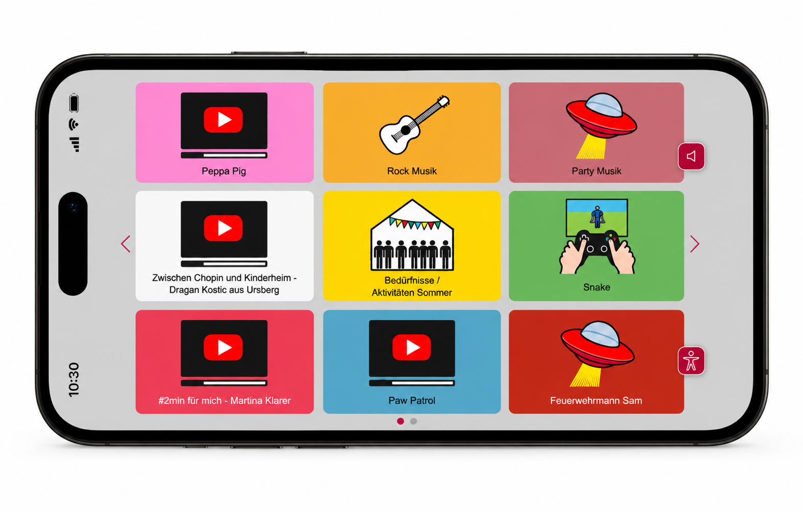 Mobile screen showing a grid of colorful video cards with YouTube icons and German titles like 'Peppa Pig' and 'Rock Musik'.