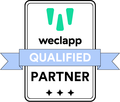 Weclapp Qualified Partner badge with turquoise logo and 'weclapp' text, blue ribbon reading 'QUALIFIED PARTNER' and four stars.