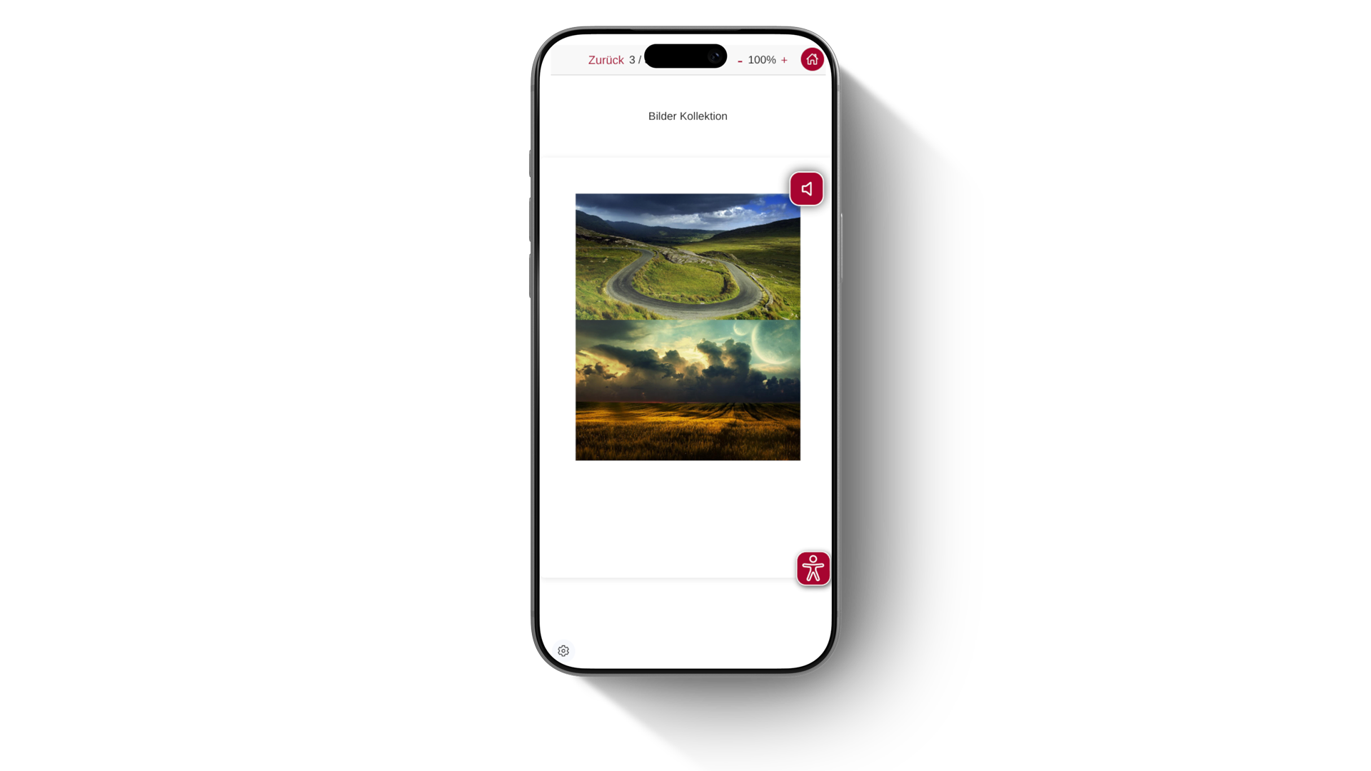 Mobile gallery screen titled 'Bilder Sammlung' showing three landscape photos: winding road, dramatic clouds, and sunlit field.