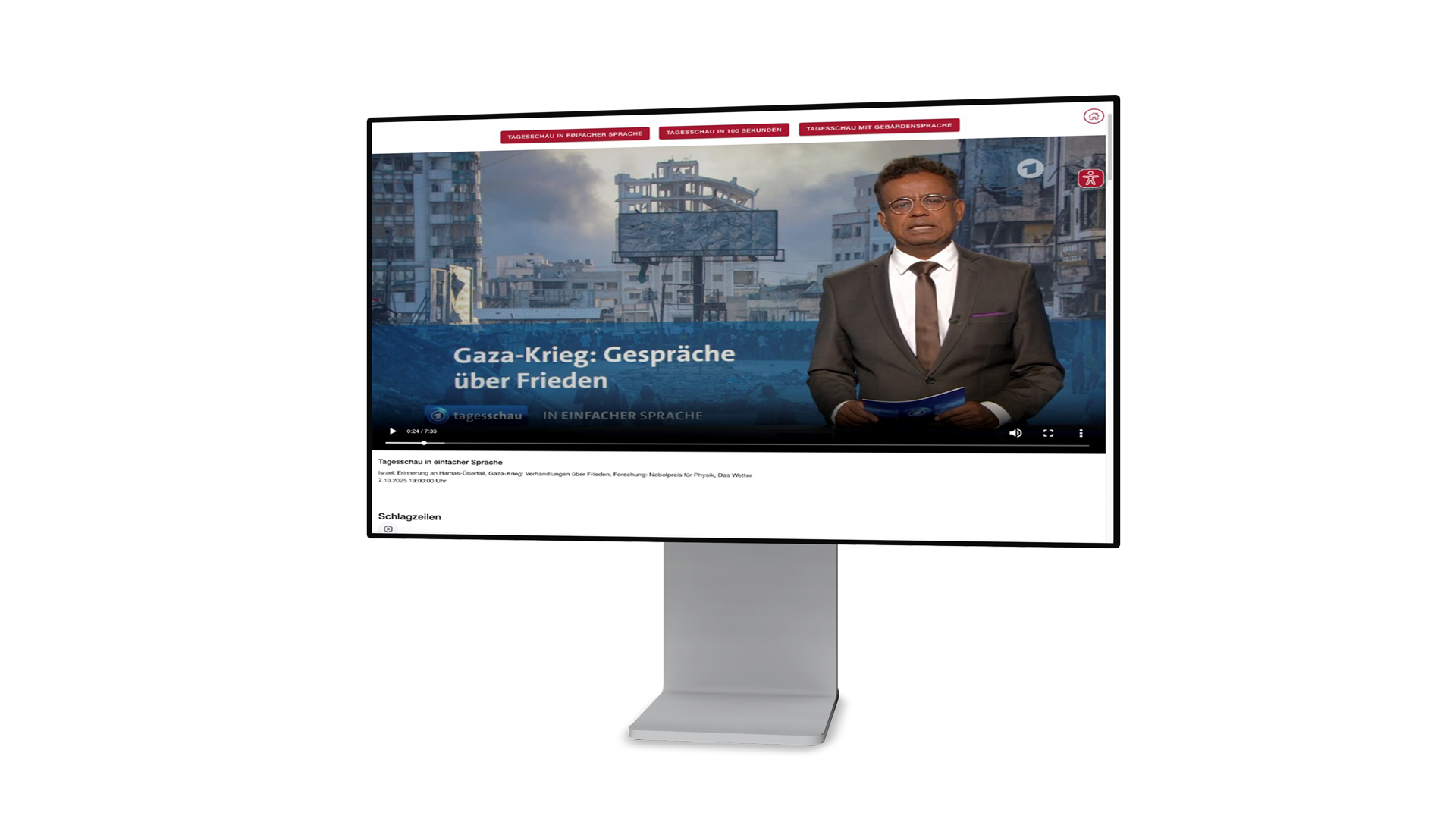 News anchor in a brown suit presenting a TV segment about the Gaza War; on-screen text reads 'Gaza-Krieg: Gespräche über Frieden' with a war-torn city background