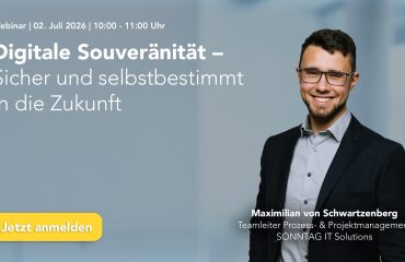 2026-06-24_Webinar_Digitale Souveränität Webinar banner: large title 'Digitale Souveränität – Sicher und selbstbestimmt in die Zukunft' with a smiling man in a blazer on the right and a yellow 'Jetzt anmelden' button on the left bottom corner.