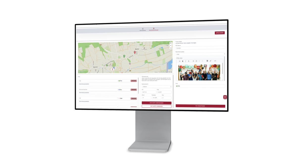 Vorlage_pc_01 Desktop monitor showing a map-based admin dashboard with forms and an image upload panel on the right